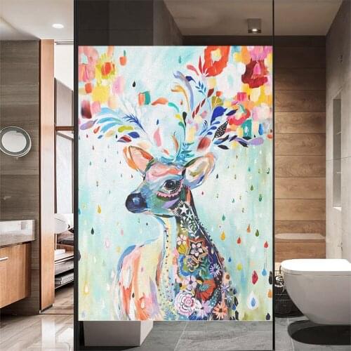 Window Film Privacy Deer Painting Non Adhesive Glass Sticker Sun Protection Heat Control Window Coverings for Homedecor