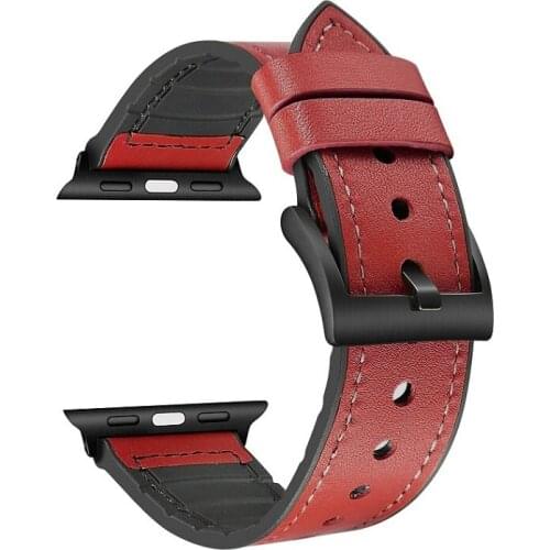 Compatible Apple iWatch Series Band 44mm 42mm, Sweatproof Genuine Leather and Rubber Hybrid Strap