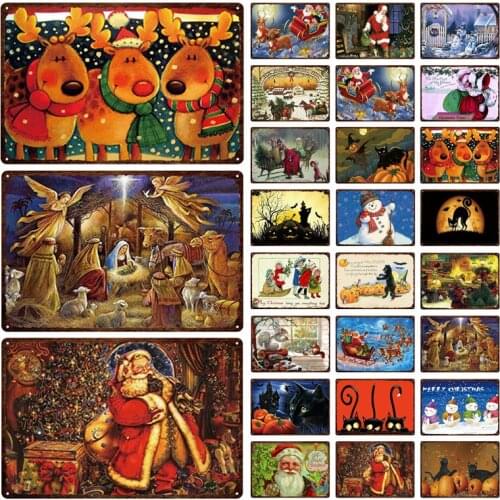 Happy Christmas Metal Sign Tin Santa Elk Snowman and Tree Vintage Metal Black Cat Pumpkin Lantern Poster for Club Room Christmas