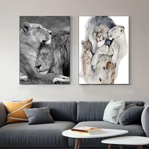 Modern Black and White Africa Family Lion Canvas Painting Posters and Prints Wall Art Animal Pictures for Living Room Home Decor