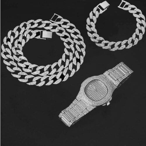 Rock Hip Hop Miami Curb Cuban Chain Choker Gold Iced Out Paved Rhinestone Bling Rapper for Men Fashion Watch Necklace Bracelet