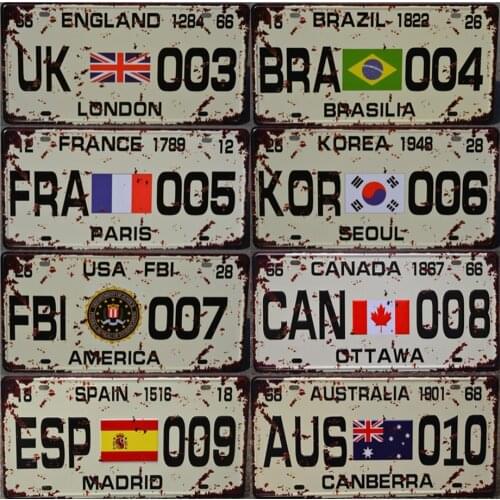 Vintage Metal Poster License Plate of Country CANADA OTTAWA ENGLAND LONDON FRANCE PAIRS for Tiki Bar Garage Decoration