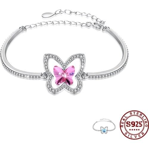 ZEMIOR 925 Sterling Silver Bangle For Women Austria Crystal Adjustable Bracelet The Butterfly Shape Party Gift Fine Jewelry