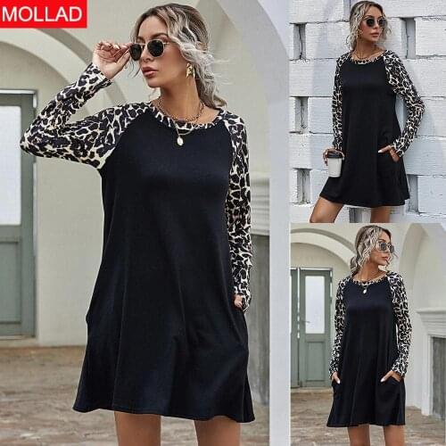 Womens Clothing Hot Leopard Print Stud for Autumn and Winter Sleeves round-Neck Long-Sleeved Dress