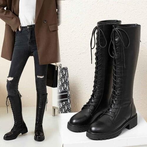 2021 Winter Plush Knee High Boots Women Black Punk Leather Combat Boots Gothic Shoes Womens Warm Fur Long Thick-soled Boots
