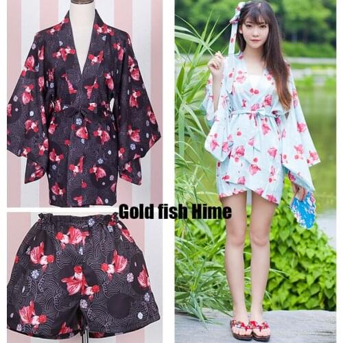 Goldfish Princess Hime Cute Womens Japanese Kimono Yukata Trench & Shorts & Waist Belt Girls Fashion Set Suit Lolita