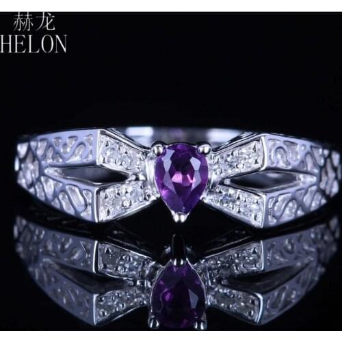 HELON Women Vintage Fine Jewelry Ring Solid 10K White Gold 3.5x4.5mm Pear Cut Genuine Amethyst Diamond Engagement Wedding Ring