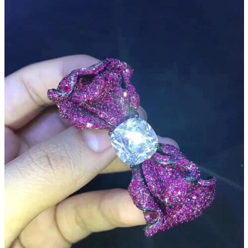 Rose red color bowknot brooch pins 925 sterling silver with cubic zircon cute romantic fine women jewelry free shipping