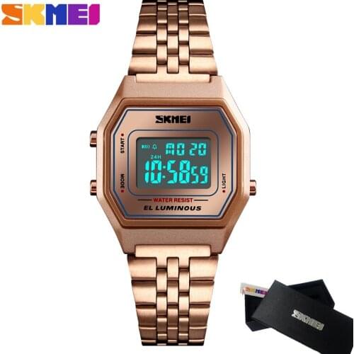Fashion SKMEI Womens Digital Watches Luxury Brand Women Stainless Steel Casual Wristwatch Waterproof Clock Relogio Reloj
