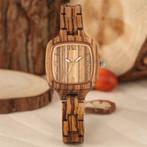Handmade Square Wooden Arabic Number Display Lady Wristwatches Quartz Luminous Pointers Clock Full Bamboo Women Bangle Present