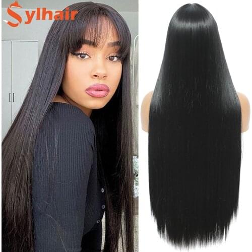 Sylhair Black Wigs with Bangs 32 Inch Long Straight Wigs with Fringe for Women Daily Party Fancy Dress Cosplay Ladies Wigs