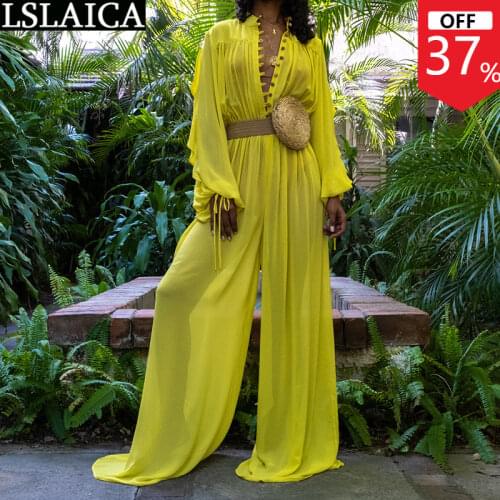 Dropshipping Bodysuit Women Long Sleeve Deep V Neck Chiffon Loose Wide Leg Pants Solid Color Fashion Summer Jumpsuit Women 2021