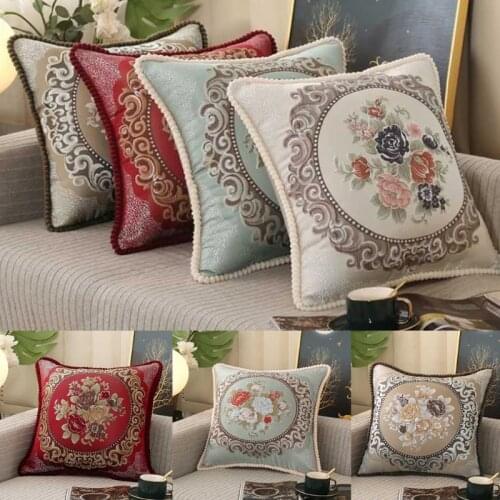 European Jacquard Throw Pillow Case Embroidery Floral Pom Pom Trim Cushion Cover