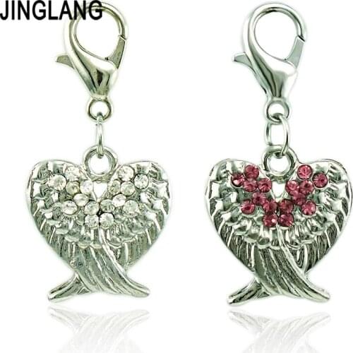 JINGLANG Wholesale 50pieces/Lot Lobster Clasp Charms Dangle White Rhinestone Double Wing DIY Pendants Jewelry Making Accessories