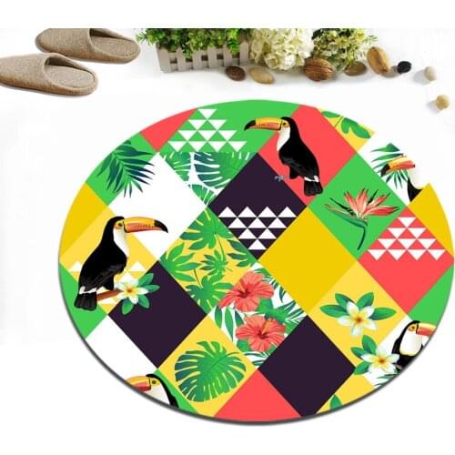 Round Living Room Floor Area Carpet Dining Room Mat Bathroom Non-Slip Cushion Kitchen Door Rugs Tropical Leaves And Crested Ibis