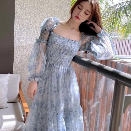 Summer Kawali Floral Dress Women Elegant Patchwork Print Sweet Dress Female Puff Sleeve French Party Midi Korean Dress 2021 New
