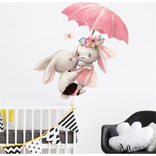 Cute Couple Bunny Under Umbrella Wall sticker For kids room home decor Rabbit wallpaper living room bedroom decor Decals mural