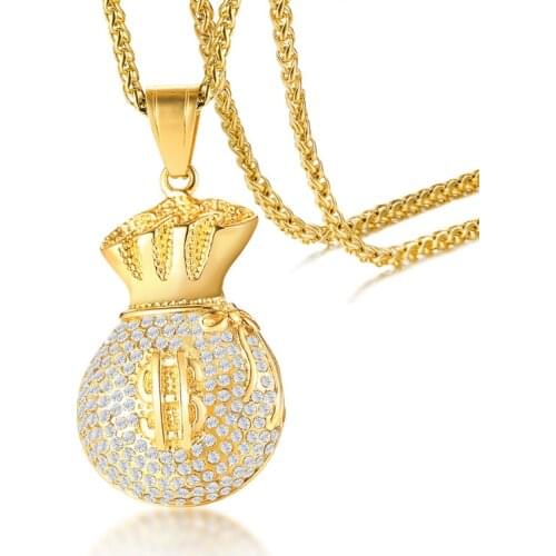 High Quality Stainless Steel Men Necklaces Chain Pendants Gold Lucky Purse Attractive Rhinestone Wealth Rolling Jewelry for Men