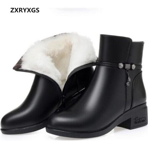 New Top Cowhide Autumn Leather Boots Women Boots Large Size Non-slip Thick Heels Inisde Plus / Wool Warm Shoes Winter Snow Boots