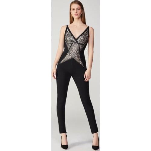 Distinctive Foiled Geometrical Bandage Legging Deep V Neck Sleeveless Cold Shoulder V Back Special Long Leg Sheath Club Jumpsuit