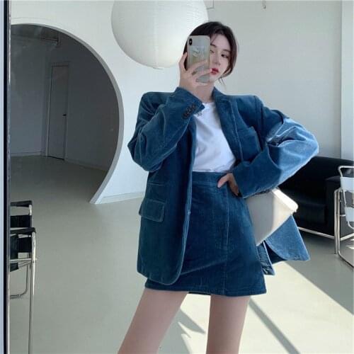 2020 Autumn Winter New Office Ladies Suits S-4XL Long Sleeved Corduroy Blazers+High Waist Mini Skirt Oversized Two-piece Women