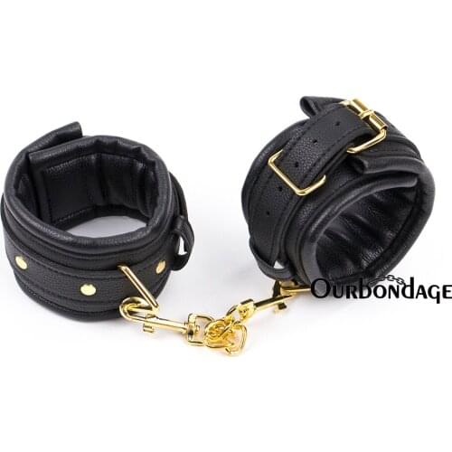 Ourbondage 3 Color Inner Belt PU Leather Fetish Bondage Flirting Wrist Ankle Cuffs With Golden Chain For Adult Beginner Sex Toy