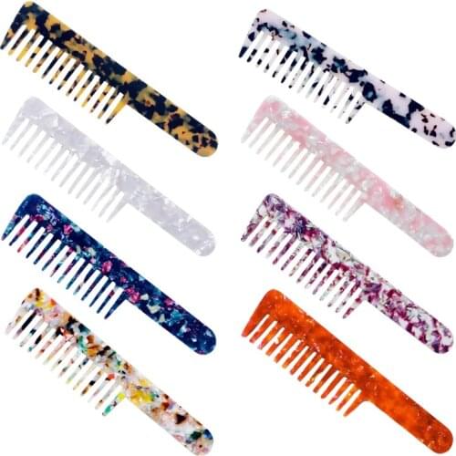 Cellulose Acetate Detangle Hair Comb Colorful Marble Stone Print Anti-Static Large Wide Tooth Long Handle Massage Hairbrush Hair