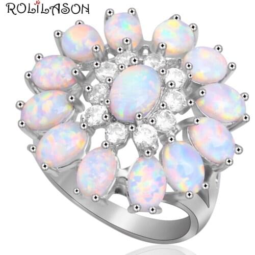 ROLILASON Anniversary gift white Zircon white fire Opal silver plated Rings USA Size #5#6#7#8#9#10 OR908