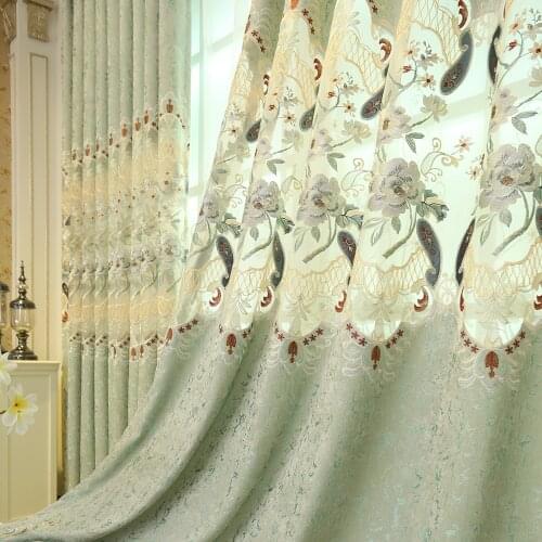 Embroidered Luxury European Style Curtains for Living Room Green Blackout Curtain Fabric and Sheer Curtains for Bedroom