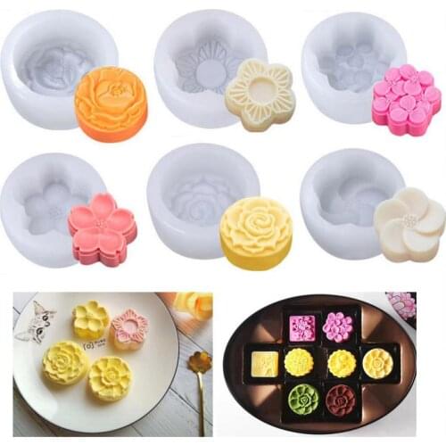 Silica Gel Mooncake Mold Nonstick Ice Skin Moon Cake Mold Flower Shape Cake Mold DIY Biscuit Mold Durable Kitchen Baking Tools