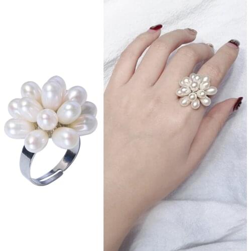 Flower Shape Real Freshwater Pearl Ring Adjustable Finger Ring Free Size Ring Jewelry Women Female Girl Party Gift 10pcs/lot
