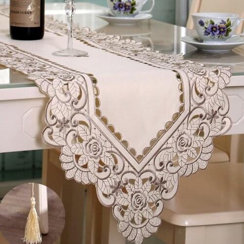 RAYUAN Vintage Embroidered Peony Satin Fabric Cutwork Wedding Banquet Table Runner Dresser Scarf Home Hotel Table Cover Decor