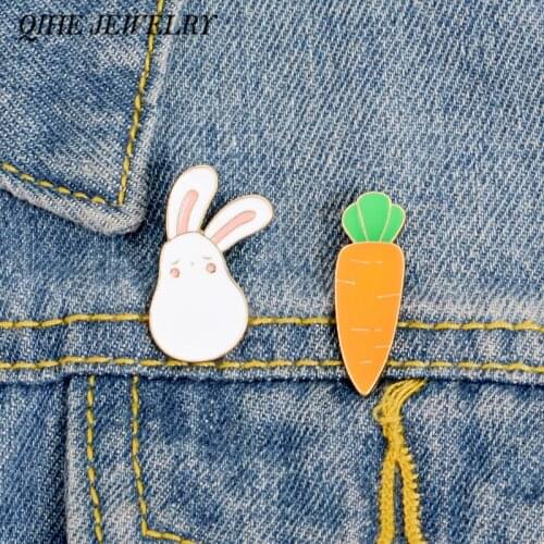 QIHE JEWELRY Bunny and Carrot Pins White Rabbit Lapel pin Easter Bunny Jewelry Animal Enamel pin Brooches for Rabbit lover