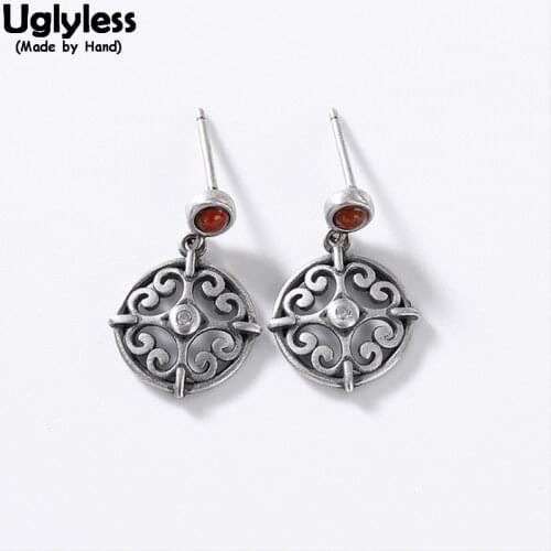 Uglyless Vintage Thai Silver Hollow Vines Exotic Earrings for Women Real 925 Silver Rounded Square Earrings Agate Lapis Jewelry