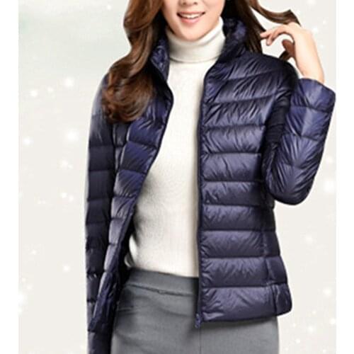 Spring Autumn Polyester Womens Down Jacket Stand Collar Long Sleeve Cardigan Zipper Solid Thin Vogue Office Lady Down Jacket