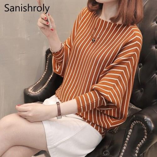 Sanishroly Spring Autumn Women Sweater Pullovers Casual Loose Stripe Knitted Sweater Female Batwing Sleeve Knitwear Tops SE652