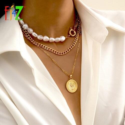 F.J4Z Trend Necklace 2021 Punk Fashion Curb Chains Simulated Pearl Womens Necklaces Vintage Lady Summer Beach Jewelry Gifts