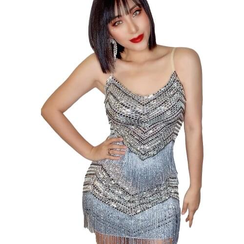 Sparkly Crystals Tassel Dress Sexy Nightclub Stones Slip Dress Latin Team Dance Women Birthday Celebrate Ballroom Outfit