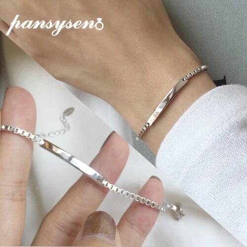 PANSYSEN 100% Solid Real 925 Sterling Silver Box Chain Link Bracelet for Women Girls Lady 19CM Womens Fine Jewelry Bracelets