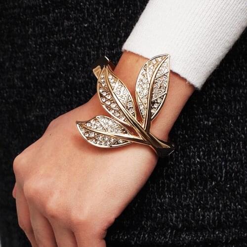 Alloy Big Leaf Statement Cuff Bangles For Women Trendy Rhinestone Charm Leaves Bangle Bracelets Jewelry Accessories UKMOC