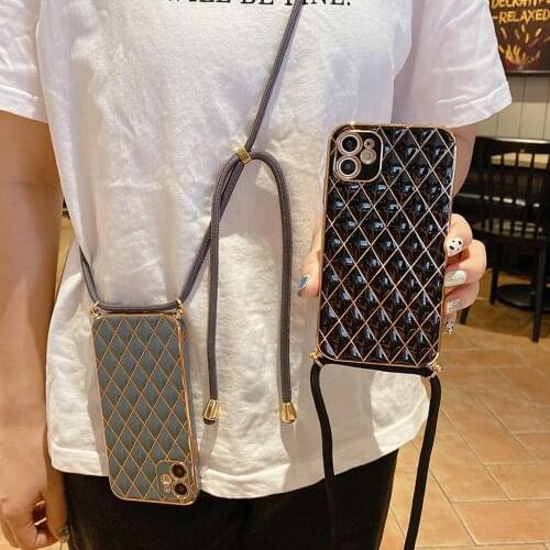 LOVECOM Gold Electroplated Geometric Diamond Case For iPhone 11 12 Pro Max X XR XS Max 7 8 Plus Soft Silicone With Lanyard Cover