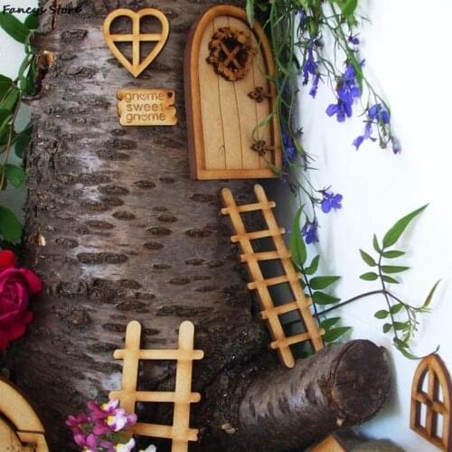 Wooden Fairy Door Home Wall Decoration Big Tree Wall Hanging Cookie House Decoration Ladder Window Dwarfs Home Kawai Garden