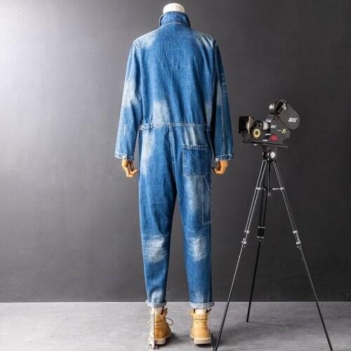 Spring Autumn Safari Style Overalls Mens Straight Loose Fit Single Breasted Jeans Fashion Long Sleeve Casual Denim Jumpsuits Men
