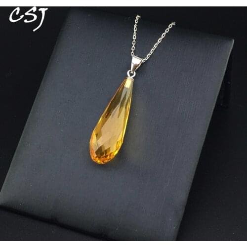 CSJ Natural Citrine Pendant Sterling 925 Silver Big Stone 10*30mm 20ct Fine Jewelry Necklace For Women Wedding Party Gift