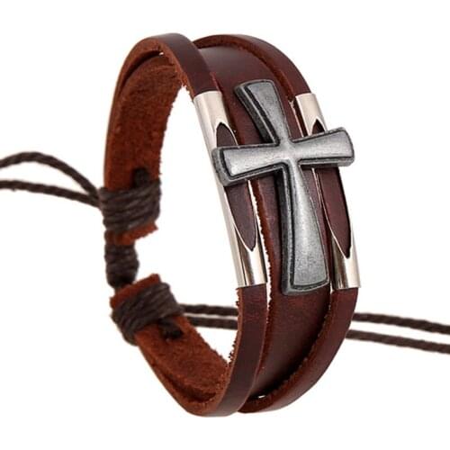 Punk Fashion Cross Genuine Leather Bracelet Vintage Retro Alloy Charm Adjustable Wrap Bangle Wristbands Men Women Hiphop Jewelry