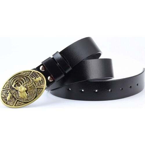Fashion men belt genuine leather Animal belt deer pattern Elk buckle man Jeans Belt cowkin