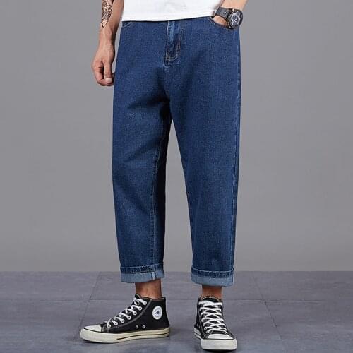 Hong Kong style plus size men casual nine-point jeans denim loose harem straight pants wide-leg drape 9 points jeans
