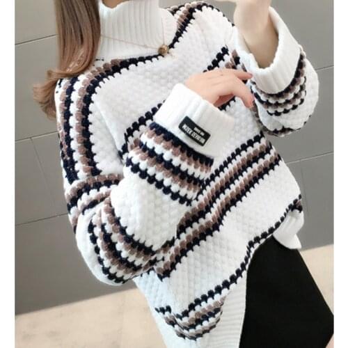 Autumn Winter Knitted Striped Thick Turtleneck Sweater Women Casual Oversized Pullovers Sweaters Loose Warm Jumper Teen Knitwear