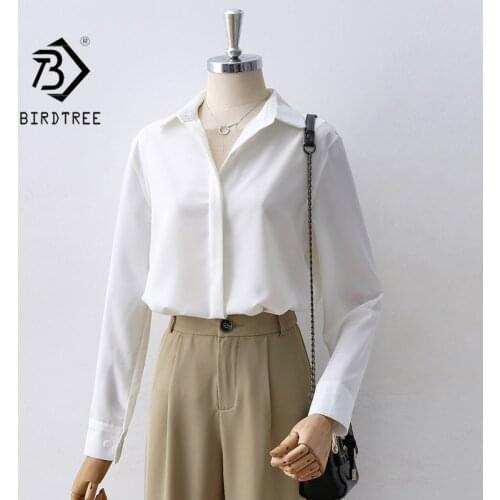 Autumn New Women Casual Full Sleeve White Chiffon Blouse Turn-Down Collar Button Up Elegant Shirts Fall Spring Basic Tops T17107