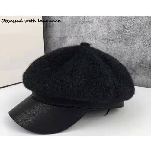 Obsessed with lavender.Octagon Hat Knitted Black Fall/Winter Female Korean English PU Leather Hat Personality Newsboy Hat Tide